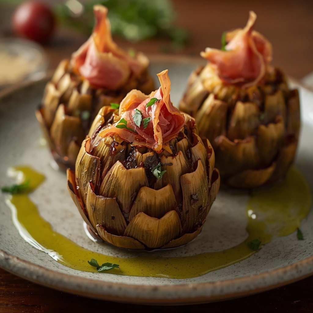 Alcachofas Confitadas al Horno con Jamón y Aceite de Oliva